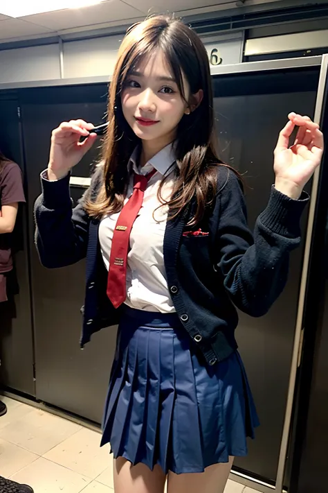 School uniform、Dark blue skirt、If you are coming by cardigan、red necktie、Harsh flash photography、[photos realistic]!!,Candid flash photography、magnifica、Masa Nakayama、flash photo、Sui Ishida、Do not copy hands、Promotional photos、Cute clothes、Beautiful clothe...