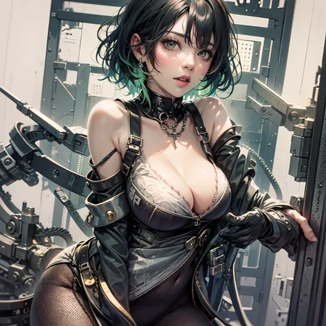 A woman in a black jumpsuit, Camel hooves, Areola, bangs,Dye green hair,Short black hair,（（huge tit：2.5）），（（gigantic cleavage breasts：2.5）），（（（爆乳：2.5））），Breasts enlarged，Overflowing breasts，Side milk，Lower breast，Squats，Open your legs，（being thin：1.5），（Sma...