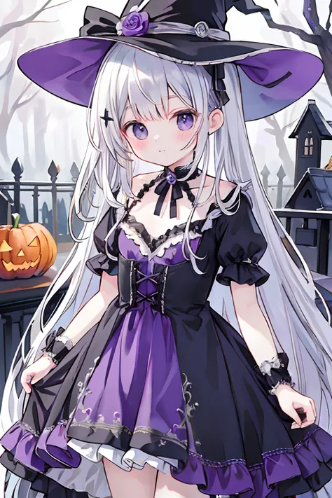 Silvery hair、(Lori、Masterpiece、８K、high-level image quality、Halloween、)witch clothing、Purple one-piece dress、doress、witchs hat、
Background Simple、