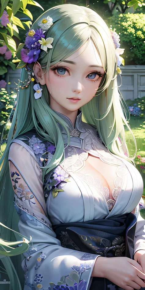 Garden girl,Solo,Beautiful detailed eyes,Beautiful detailed lips,extremely detailed eye and face,longeyelashes,detailed hairs,Flowers,butterflys,Photorealistic,official artwork,Unity 8k壁纸,Ultra-detailed,Piece of art,Best Quality,organics,Harmonious,Geometr...