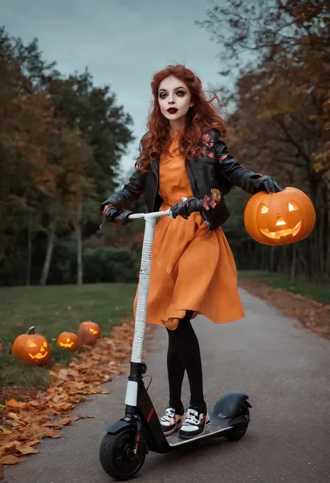 (A girl riding an electric scooter,child,Halloween,fun,excitement),vibrant colors,fast motion,street lights,costumes,candy,festive decorations,smiling faces,trick-or-treating,nighttime activity,outdoor,urban scene,winding streets,dark shadows,autumn leaves...