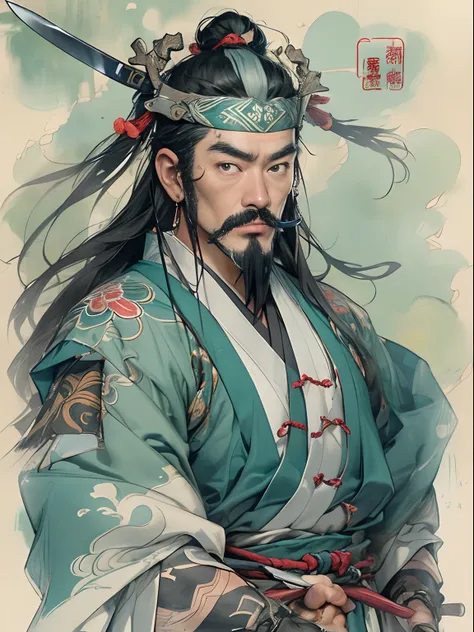 (((China-style，Ink painting method，Half-length portrait，Intense color，Han dynasty, China，Hanfu，Armor，Guan yu，Guan Yunchang，of a guy，Ruddy killing square face，Hold the Blue Dragon Moon Knife in his right hand，Stroke your beard with your left hand，Long hair，...