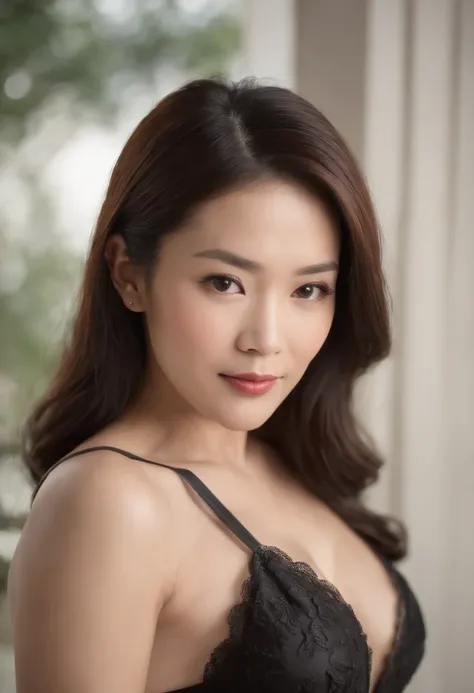 47 yers old，1 asian female，sexy body,full body,Elegant feminine, detail in face，Wear black underwear，The chest contour is drooping，Gorgeous and elegant 47-year-old woman, high heels，The background is blurred out