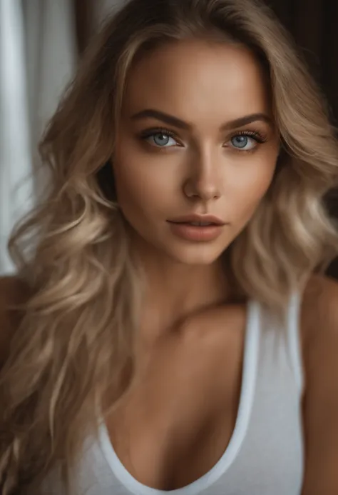 woman with matching tank top and panties, fille sexy aux yeux bleus, Portrait Sophie Mudd, Portrait de Corinna Kopf, cheveux blonds et grands yeux, selfie of a young woman, ohne Maquillage, maquillage naturel, Look directly into the camera, Visage avec Art...