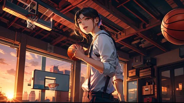 the sunset，eventide，middle parted hairstyle，Suspenders，Raise Hand，basketball ball