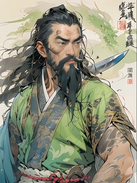 (((China-style，Ink painting method，Half-length portrait，Intense color，Han dynasty, China，Hanfu，Armor，Guan yu，Guan Yunchang，of a guy，Ruddy killing square face，Hold the Blue Dragon Moon Knife in his right hand，Stroke your beard with your left hand，Long hair，...