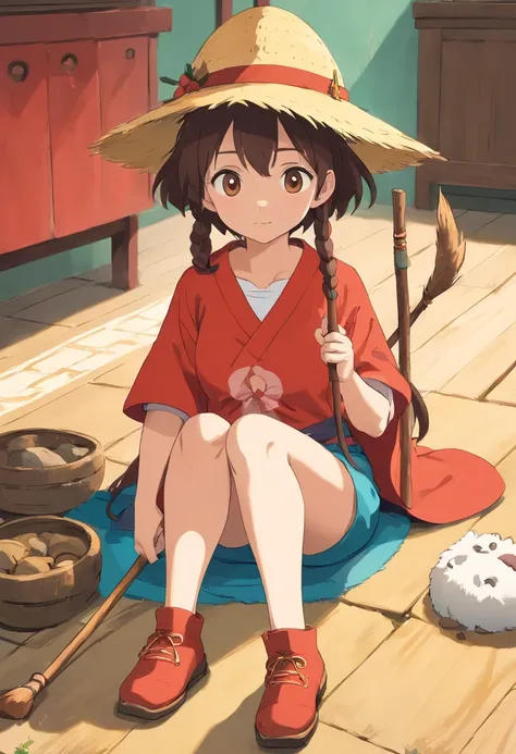 Anime character sitting on the floor with a stick and a hat, concept art inspired by theCHAMBA, Pisif, Sots Art, am a naranbaatar ganbold, saints ( valorant ), akiyuki shinbo, Otaku Gangasta, as a dnd character, 2 d anime style, Akira in Chinese mythology，...