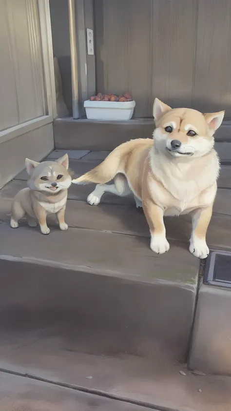 There are two dogs that are sitting on the steps together, Shiba Inu, Shibu Inu, shiba inu dog, grandes e pequenos, Tomado com Sony Alpha 9, r/aw, muito bobo olhando, looking distracted and awkward, atordoante!, super cute and friendly, Mistura russa e jap...