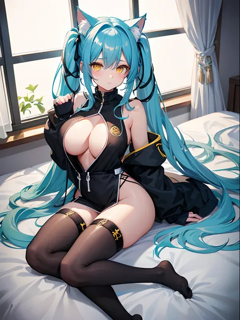 Long Hair, Twintail, Light Blue Hair, Yellow Eyes, Cat Ears, Cat Tail, Big Boobs, Wearing Hoodie, Long Stocking, Nighttime, Wearing Black Gloves, Inside a house