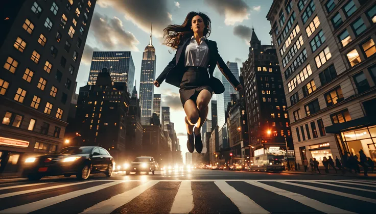 Photo-realistic, arafed woman in a business suit is jumping over a city street, rising in the air levitating, floating over a city sidewalk, female ascending into the sky, best on adobe stock, jumping towards viewer, stepping on the city, levitating above ...