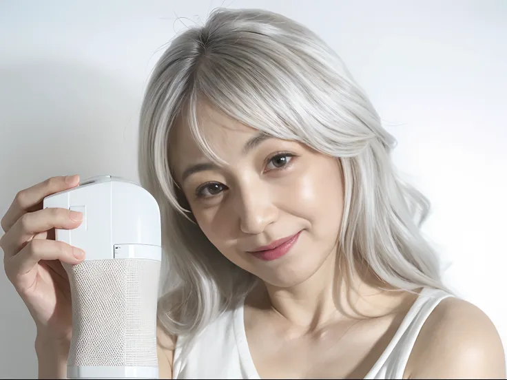 A Japanese Lady、white  hair、The long-haired、50 years old、1 persons、Curly hair、up of face、sleeveless clothes、White background、Silvery hair、A smile、Touching hair、length hair、Beautiful hair