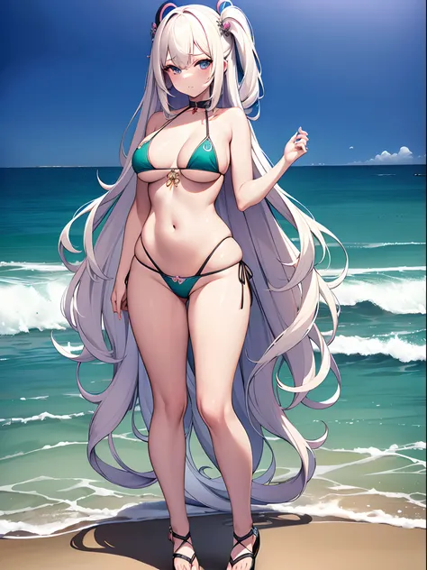 ((Best Quality)), (ultra-detailliert), ((Extremely detailed)), (Beautiful), ((Kawaii Girl)),(two side up hair)、((masutepiece)),Platinum Blonde Hair,Long hair, hair between eye, Wavy Hair, Long sideburns,Jade colored eyes, White skin,Normal Chest,Slender bo...