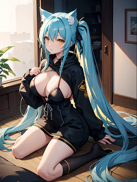 Long Hair, Twintail, Light Blue Hair, Yellow Eyes, Cat Ears, Cat Tail, Big Boobs, Wearing Hoodie, Long Stocking, Nighttime, Wearing Black Gloves, Inside a house