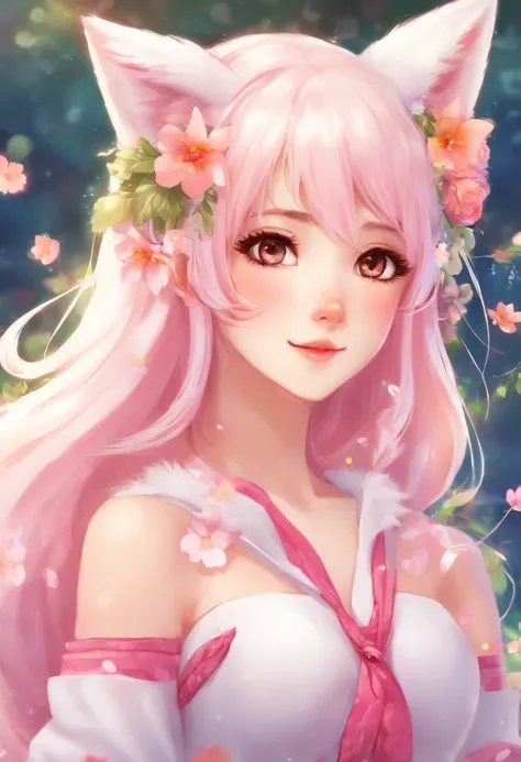 Nine snow-white fox tails (1.0), Milky white fox tail (1.0), Close-up of the nine-tailed fox, Nine Tails, Nine Tails, Anime girl with pink hair and pink dress，There are flowers on the hair, Very beautiful anime fox girl, Beautiful anime fox girl, beautiful...