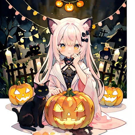 (PastelColors:1.5)、(Cute illustration:1.5)、(watercolor paiting:1.2)、(Jack-o-lantern:1.2)、Cats、Black cat、The cat puts his hand on the pumpkin、Pumpkin and cat、Halloween、magia、kirakira、vine、dark ambiance、Black cat on a pumpkin