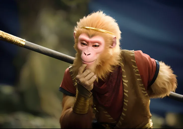 Monkey with a golden rod in his hand, son goku, Monkey king, Wukong, The clever monkey holds a long stick, humanoid monkey fantasy race, still from live action movie,  face like monkey, Uptrend ，ape, live-action movie scenes, macaque, Journey to the West