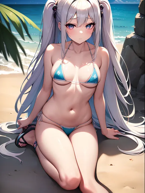 ((Best Quality)), (ultra-detailliert), ((Extremely detailed)), (Beautiful), ((Kawaii Girl)),(two side up hair)、((masutepiece)),Platinum Blonde Hair,Long hair, hair between eye, Wavy Hair, Long sideburns,Jade colored eyes, White skin,Normal Chest,Slender bo...