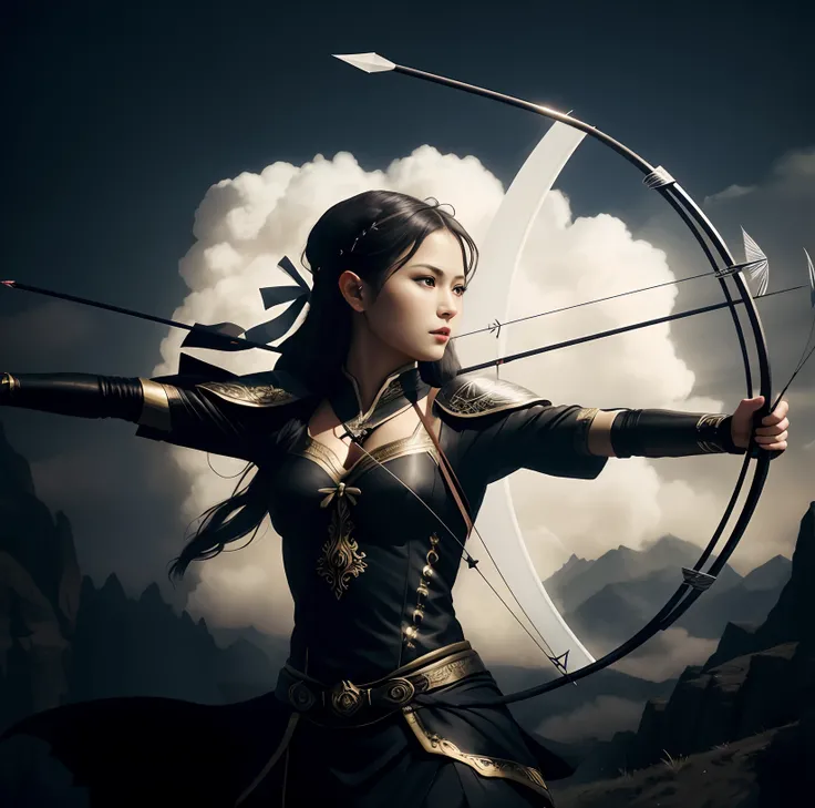 a close up of a person with a bow and a bow in the air, surrealistic digital artwork, beautiful digital artwork, bow and arrow, archer bow, 4k highly detailed digital art, symmetrical epic fantasy art, digital artwork 4 k, 4k detailed digital art, with bow...