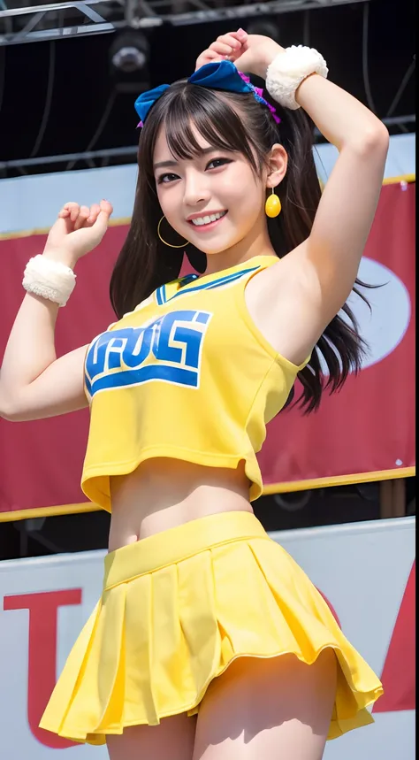 (Best Quality, master piece, Ultra high resolution, (Photorealsitic:1.4), Raw photo, extremely detailed), cowboy shot, dynamic pose, (1girl, 18-years-old, Japanese idol and the most popular cheerleader, dancing at school festivals stage, upturned ass), (we...