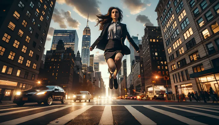 Photo-realistic, arafed woman in a business suit is jumping over a city street, rising in the air levitating, floating over a city sidewalk, female ascending into the sky, best on adobe stock, jumping towards viewer, stepping on the city, levitating above ...