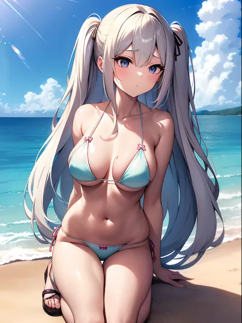 ((Best Quality)), (ultra-detailliert), ((Extremely detailed)), (Beautiful), ((Kawaii Girl)),(two side up hair)、((masutepiece)),Platinum Blonde Hair,Long hair, hair between eye, Wavy Hair, Long sideburns,Jade colored eyes, White skin,Normal Chest,Slender bo...