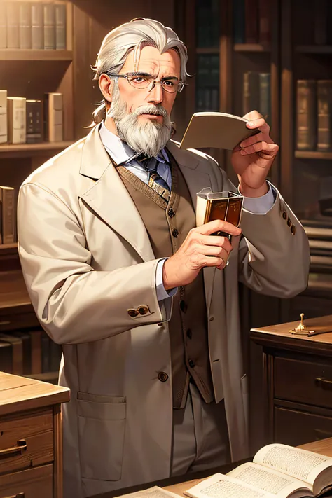 (best quality), male professor,serious expression,European,brown-haired,grey beard,glasses laboratory,science expertise,bookshelf,white lab coat,detailed textures,traditional oil painting style,vibrant colors,soft lighting.