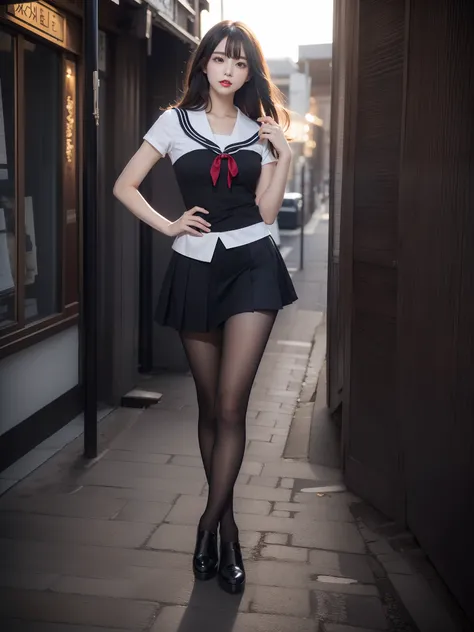 Charming beauty、a sailor suit、pleatedskirt、Black pantyhose、Black flower hair ornaments、charming oval face、二重まぶた、Clear eyes、dark red lipstick、Beautiful thin legs、Toned ankles、hyper HD、The ultra-detailliert、Elegant standing figure、Create a slim lower body cu...