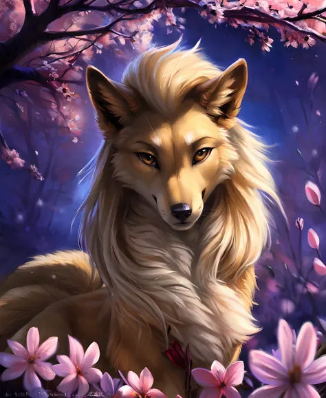 ((solo)) (feral, ninetales), female, looking at viewer, cherry blossom, night, fog, flower, multi tail, full moon,, best quality...