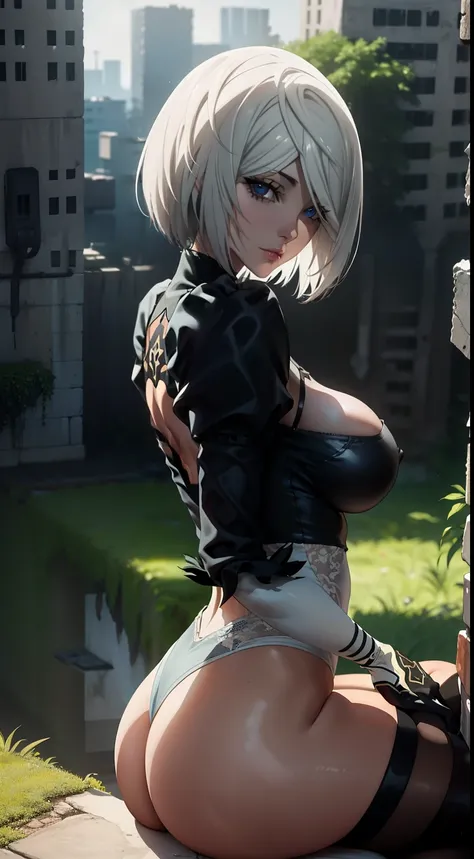 Camera from above, leans forward, bends down, sits on the edge, Sits, Camera from above, Frame from above, shapely legs, sits on the edge of the roof, White Hair Bob, ashy hair, The eyes are covered with a bandage, Cyan eyes, black dress with a short skirt...