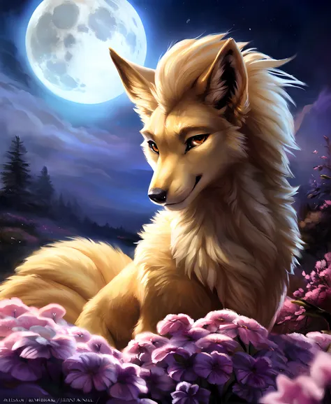 ((solo)) (feral, ninetales), female, looking at viewer, cherry blossom, night, fog, flower, multi tail, full moon,, best quality...