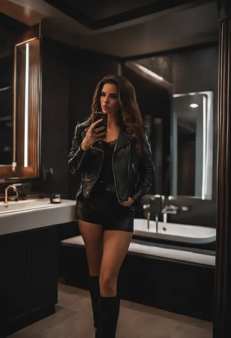 brunette, leather, clothes, clivage, realistic, detailed, beautiful, bathroom, mirrorselfie, fullbody