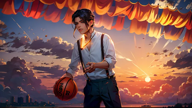 the sunset，eventide，middle parted hairstyle，Suspenders，mano，basketball ball