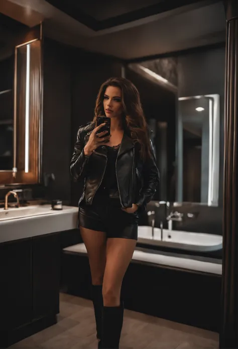 brunette, leather, clothes, clivage, realistic, detailed, beautiful, bathroom, mirrorselfie, fullbody