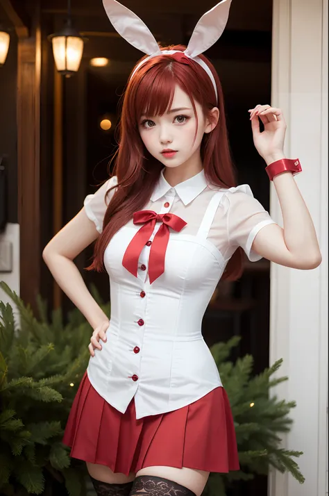 outrageous, Best Quality, 1girl in, Solo, Red hair, Purple eyes, Long hair, Big, Oh Bunny, Bunny ears, Red corset, School run, pinafore, red neck-ribbon, Red skirt, Hair Bow, Short sleeves, Wrist cuffs, White thighs, jingle bell