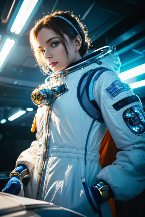 Beautiful astronaut 25 years old woman 1950 , Deep Blue Eyes, Metallic white orange detail clothing, Cinematic, photo shot, Half backlight, Backlight, Dramatic Lighting , Incandescent, Soft lighting, insanely detailed and intricat, Hyper maximalist, Art th...