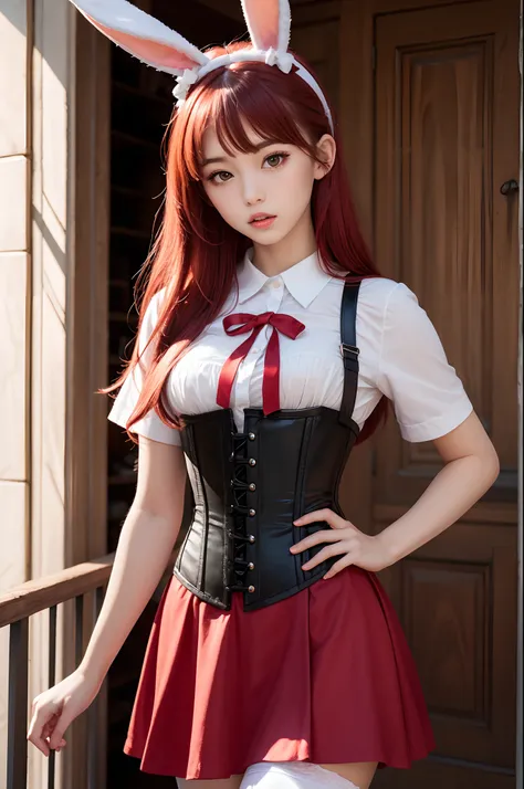 outrageous, Best Quality, 1girl in, Solo, Red hair, Purple eyes, Long hair, Big, Oh Bunny, Bunny ears, Red corset, School run, pinafore, red neck-ribbon, Red skirt, Hair Bow, Short sleeves, Wrist cuffs, White thighs, jingle bell