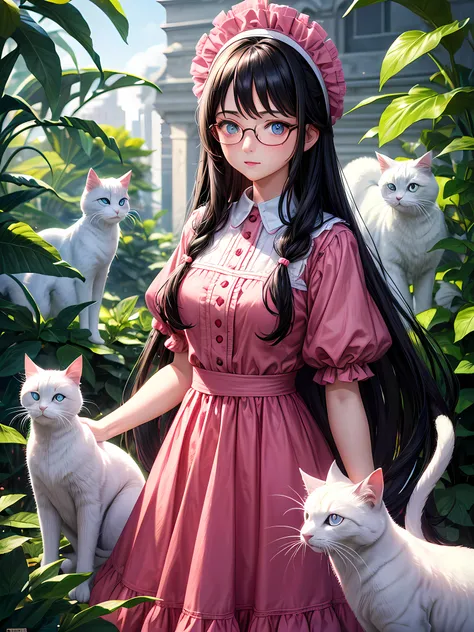 cute lady with eyeglasses and long hair wearing pink dress, black hair, beside white cat with blue eyes, absurdres, high resolution, ultrashart, 8k masterpiece, looking at the viewer, night garden