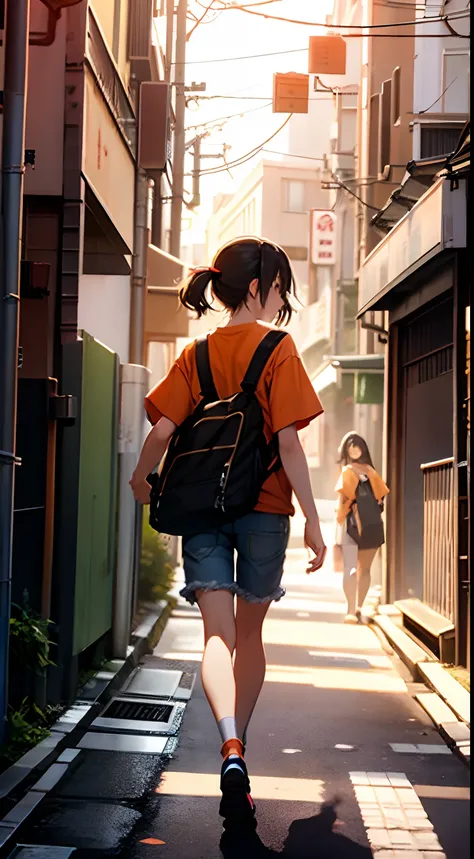 College student beauty walking in a back alley in Tokyo、legs are long、well-styled、Orange T-shirt、shortpants、Facing backwards、Looking back at this