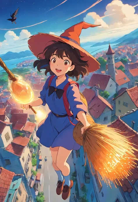 Witch delivery service,Girl on a broomstick playing with mobile phone in the sky,Ghibli style,Background of residency in Croatia