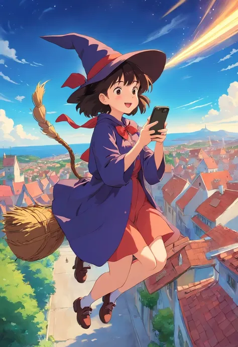 Witch delivery service,Girl on a broomstick playing with mobile phone in the sky,Ghibli style,Background of residency in Croatia