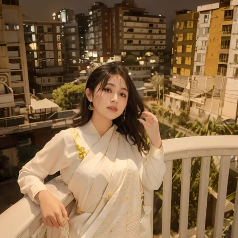 there is a woman standing on a balcony with a city in the background, assamese aesthetic, taken with sony alpha 9, with a city in the background, wearing bihu dress mekhela sador, candid picture, with lovely look, dressed in a sari, traditional beauty, ins...