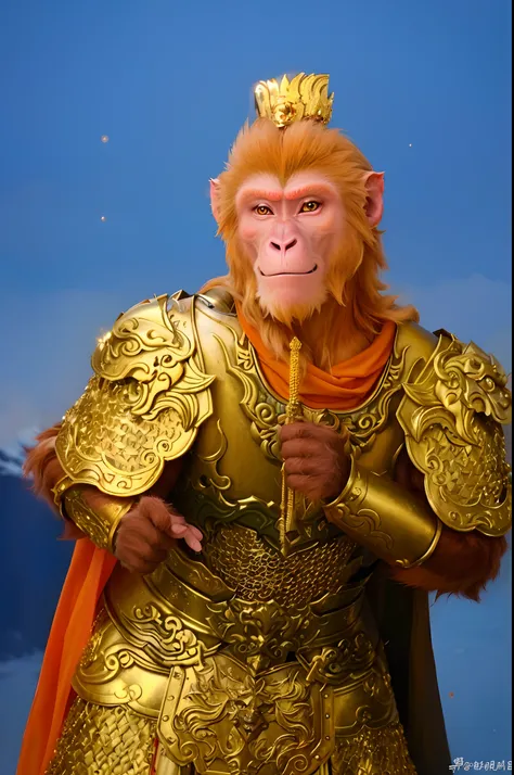 Macaques in golden armor，He wears a golden Chinese tiara and a red cloak, Monkey king, son goku, Wukong, humanoid monkey fantasy race,  Wearing Golden Dragon armor, fantasy movie still, movie character, from warcraft, Chinese armor，The face of a macaque，Ha...