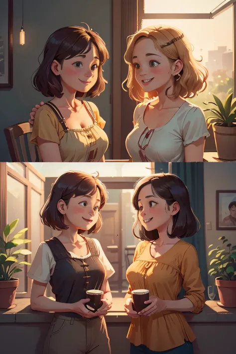 Two good neighbors（Females are around 30 years old）， We chatted happily on the balcony，Lovely drawing style，（Cinematic lighting1.6），A good-looking face is smiling，Golden ratio composition，the right proportions，hyper-high detail，8K，bust