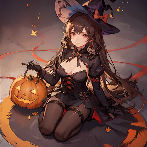 Masterpiece, best quality, (very detailed CG unity 8k wallpaper) (best quality), (best illustration), (best shadows) girl with brown hair, halloween, halloween vibe, cute, costume, super detailed --v6