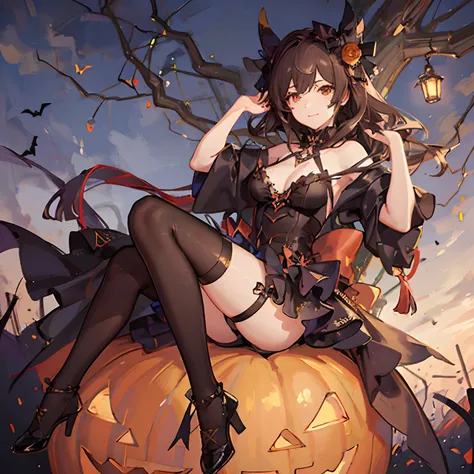 Masterpiece, best quality, (very detailed CG unity 8k wallpaper) (best quality), (best illustration), (best shadows) girl with brown hair, halloween, halloween vibe, cute, costume, super detailed --v6