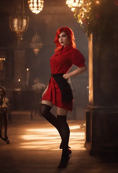 (beste-Qualit, tmasterpiece, 4k), 1girl, 独奏, in full height, Scarlet from Mortal Kombat wearing a red shirt, black skirt and black stockings with red hair and yellow eyes