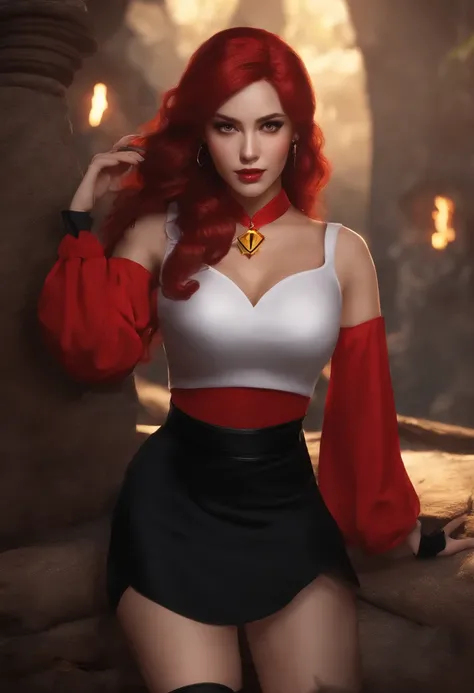 (beste-Qualit, tmasterpiece, 4k), 1girl, 独奏, in full height, Scarlet from Mortal Kombat wearing a red shirt, black skirt and black stockings with red hair and yellow eyes