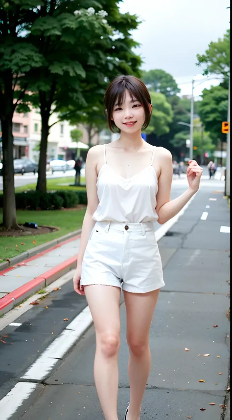 Woman posing in light clothes on street corner、top-quality、女の子 1 a person、large full breasts、tag、with light glowing、blur backgroun、bokeh dof、outside of house、(Street:0.8)、(a person々、Large crowds:1)、Sleeveless、full body Esbian、Cat costume、a gorgeous(short-h...