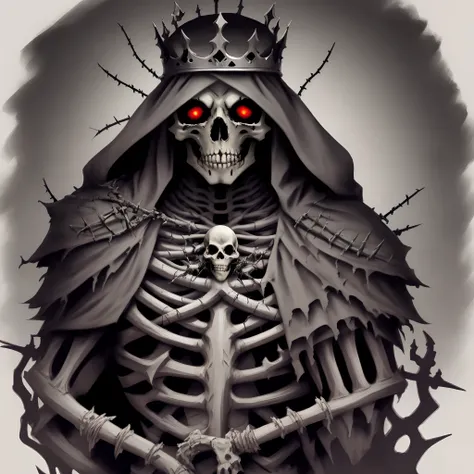 a drawing of a skeleton with a crown of thorns on his head, dorohedoro, undead lich, portrait of the god of death, lich vecna (d&d), beautiful male god of death, dark soul concept, portrait of a god of death, lich, an undead desert lich pharaoh, the reaper...