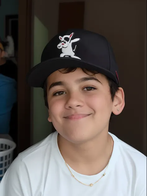 Theres a boy wearing a hat and a necklace, menino com rosto neutro, marcas no rosto, wearing a silly hat, Reyyan, Tomado com Sony Alpha 9, cara de bobo, dentes redondos e rosto pateta, nariz largo, cara de menino, Diego 5, he is wearing a hat, cara boba fo...